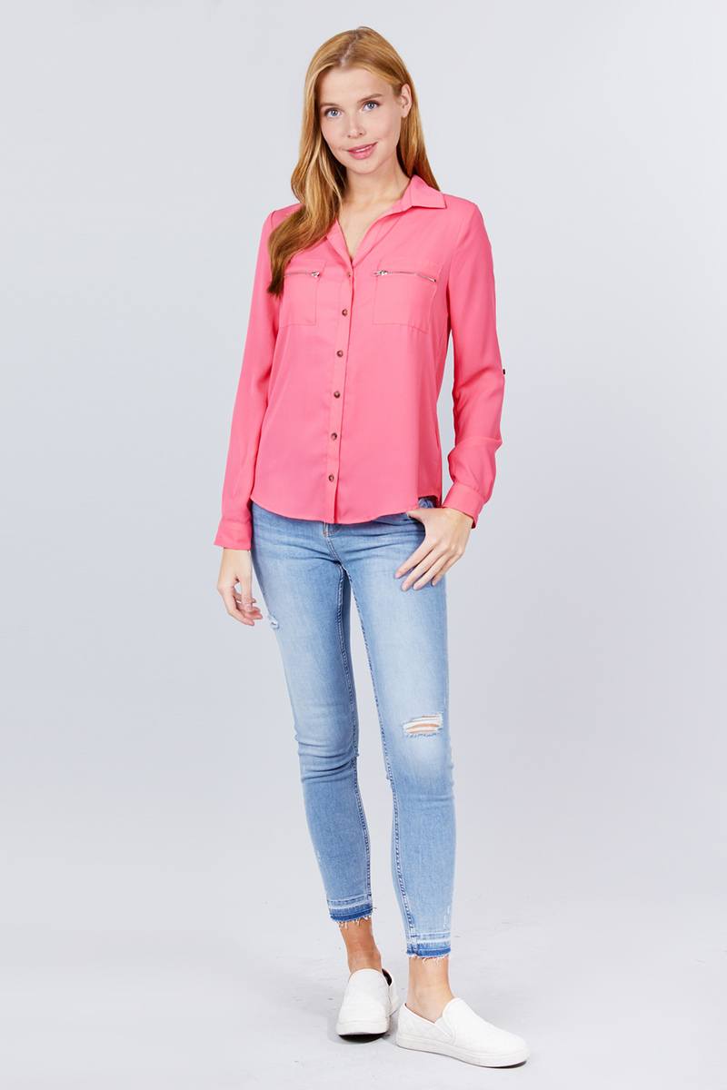 3/4 Roll Up Sleeve Pocket W/zipper Detail Woven Blouse