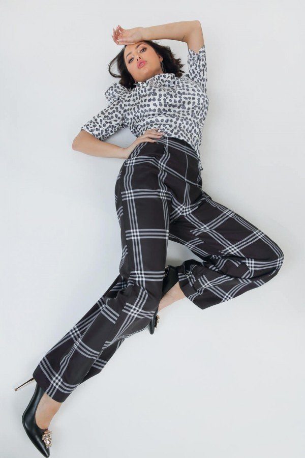 High Waist Plaid Print Wide Leg Pants