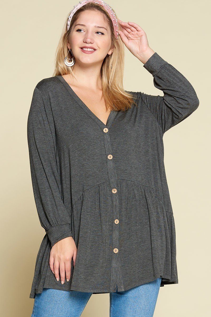 Plus Size Solid Heavy Rayon Modal Jersey Faux Button Up