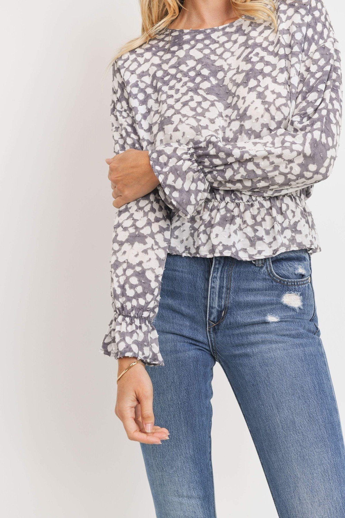 Ruffled Waist Drop Shoulder Long Sleeve Top