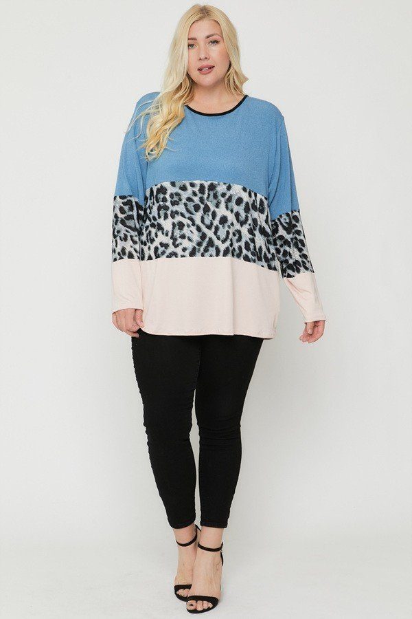 Plus Size Color Block Top Featuring A Leopard Print Top