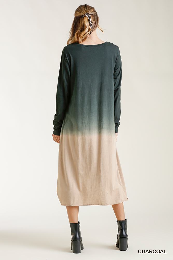 Ombre Front Knot Detail Long Sleeve Maxi Dress With Raw Hem