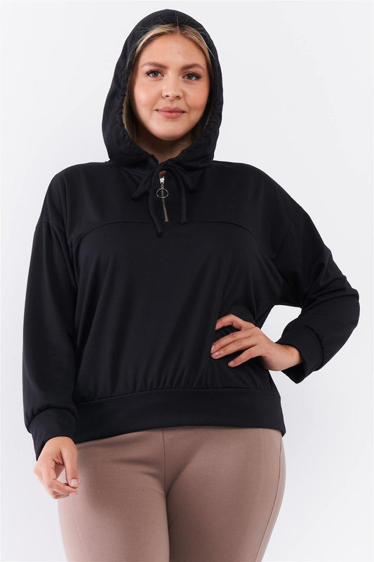 Plus Black Oversize High Neck Zip-up Detail Draw String Tie Hoodie Sweatshirt