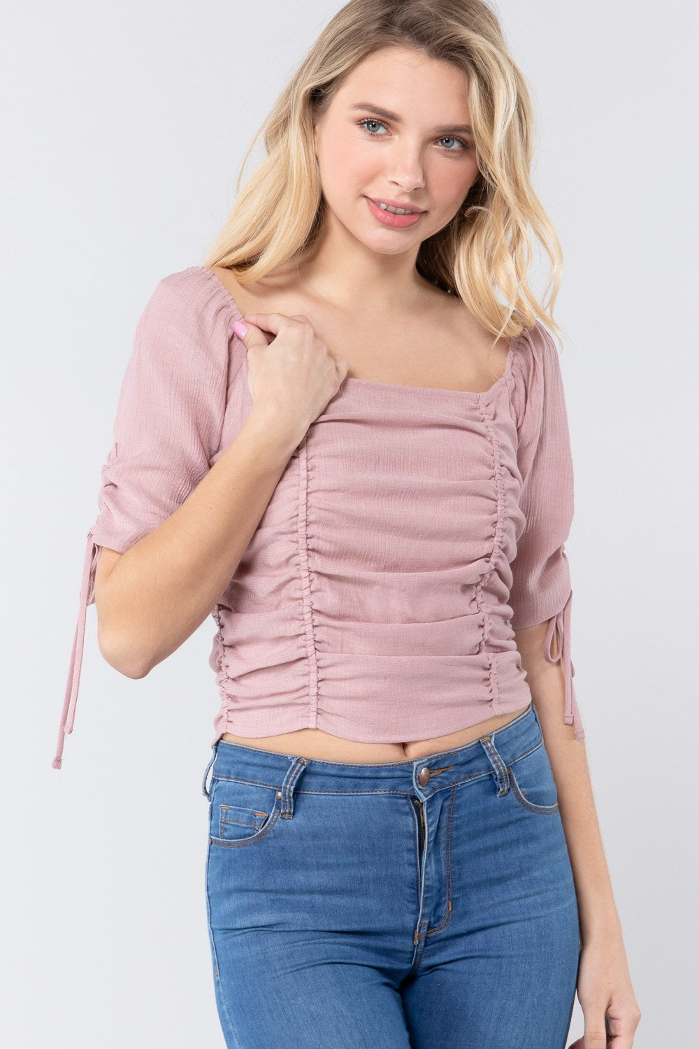 Elbow Slv Smocked Ruched Woven Top