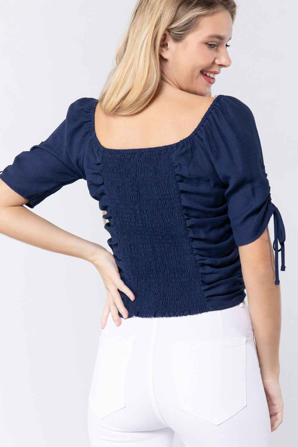 Elbow Slv Smocked Ruched Woven Top