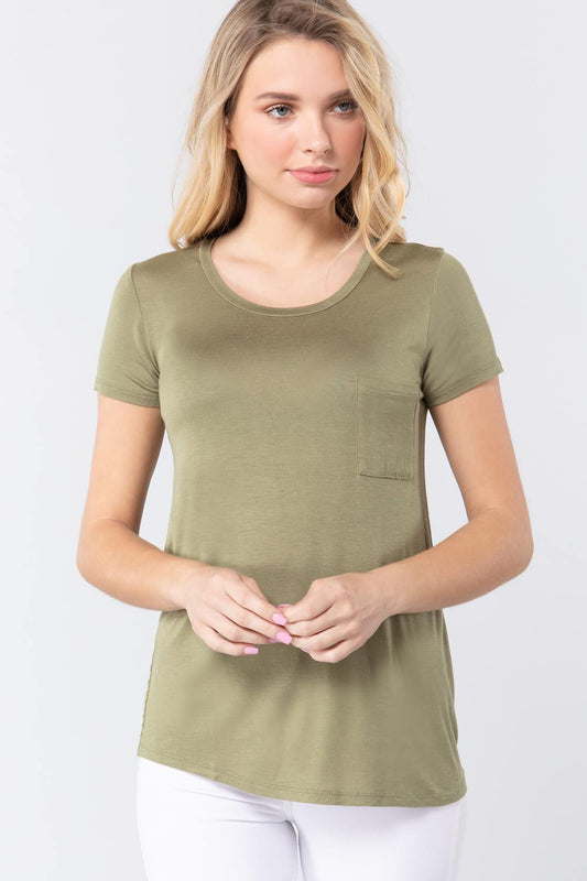 Short Sleeve Scoop Neck Top With Pocket