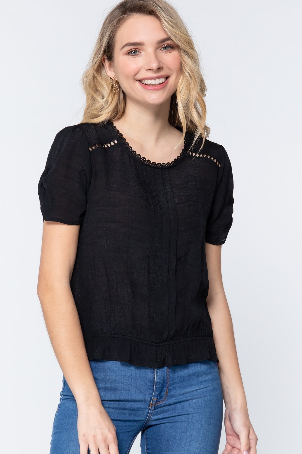 Short Shirring Slv Pleated Woven Top