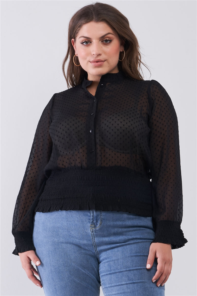 Plus Size Mesh Polka Dot Balloon Sleeve Button-down Smock Detail Blouse Top