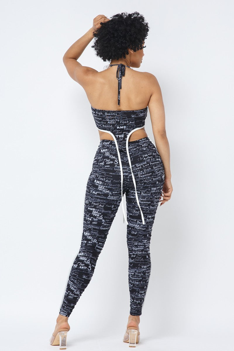 Mesh Print Crop Top With Plastic Chain Halter Neck With Matching Leggings