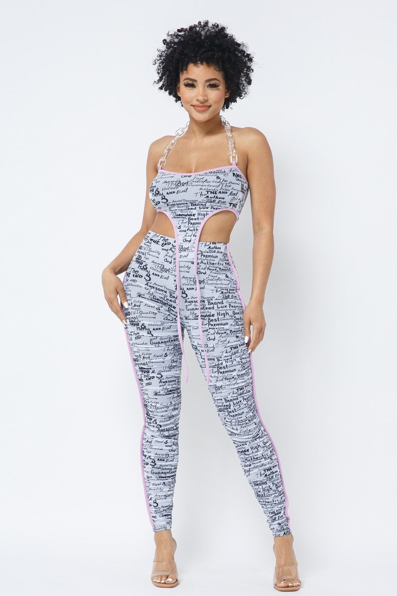 Mesh Print Crop Top With Plastic Chain Halter Neck With Matching Leggings