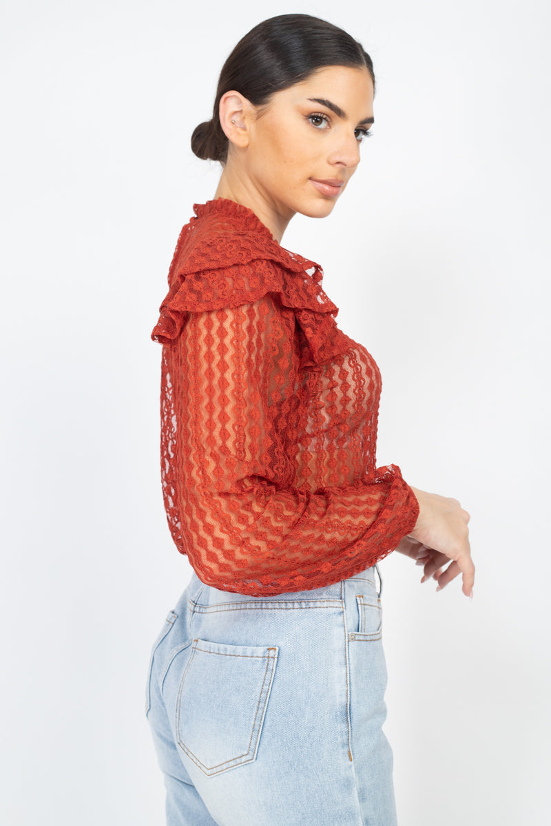 Sheer Crochet Lace Ruffled Top