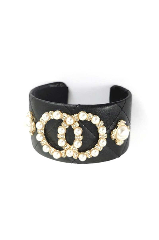 Fashion Pearl Double Round Studded Faux Leather Cuff Bracelet