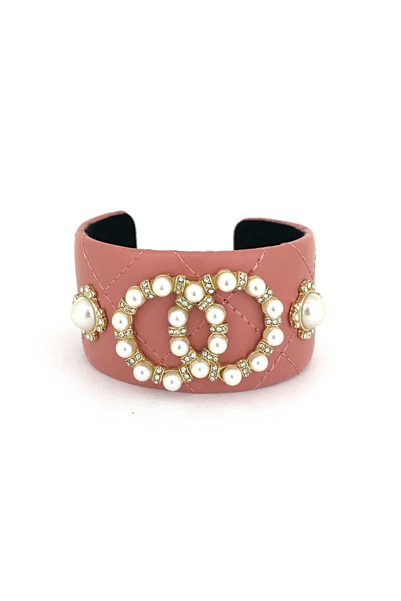 Fashion Pearl Double Round Studded Faux Leather Cuff Bracelet