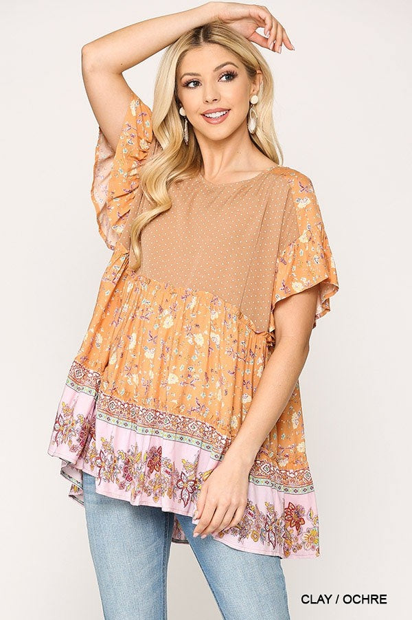 Dot And Floral Print Mixed Ruffle Top With Back Keyhole