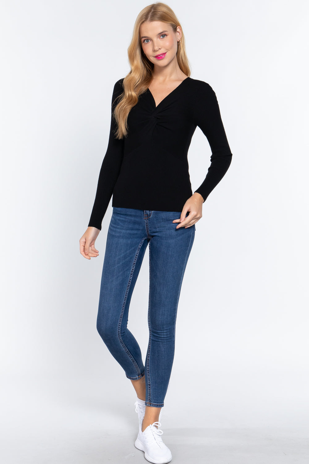 Long Slv V-neck Knotted Sweater