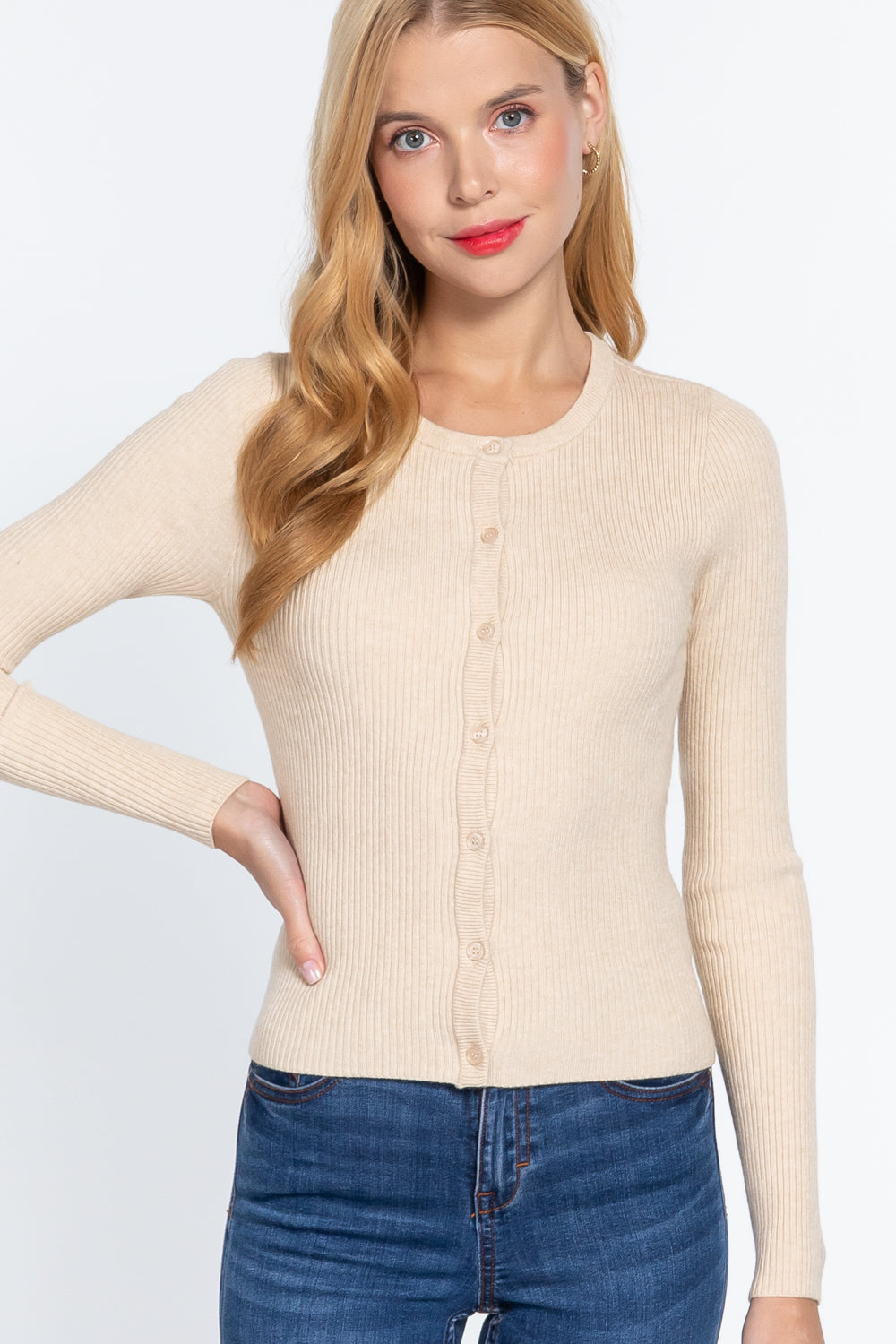 Long Slv Crew Neck Basic Cardigan