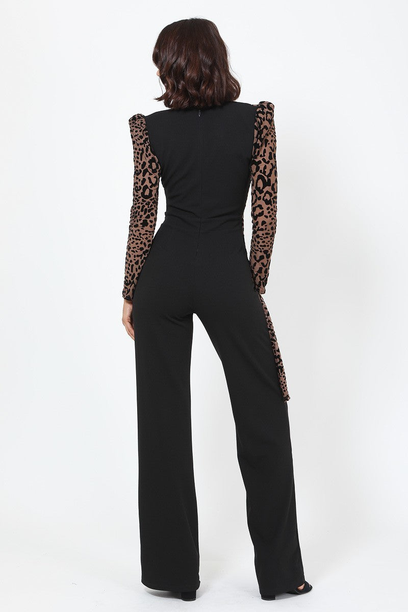 Plunging V Buckle Detail Leopard Jumpsuit