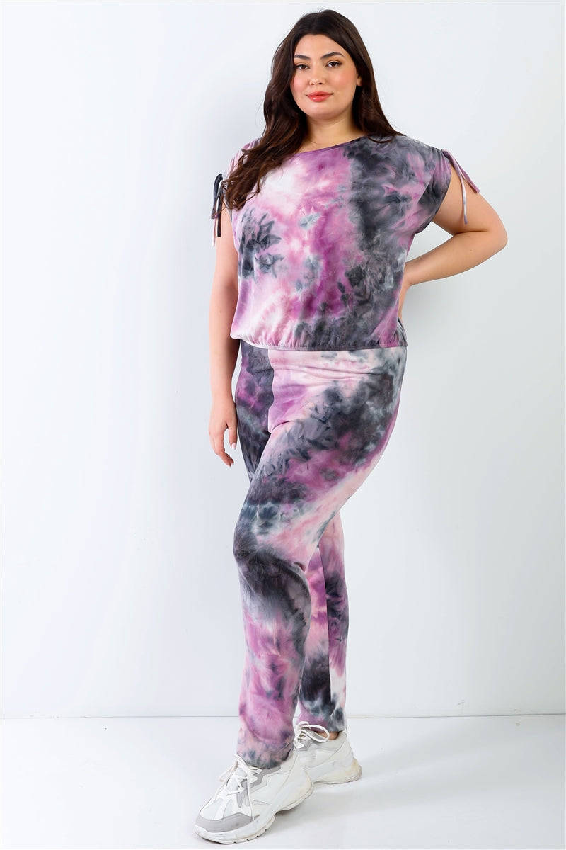 Plus Purple & Black Tie-dye Ruched Shoulder Detail Top & Pants Set