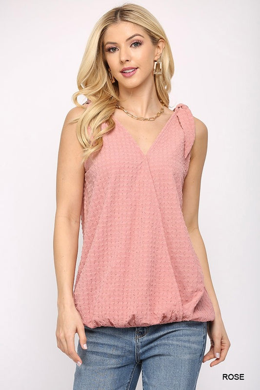 Solid Textured And Sleeveless Surplice Top With Shoulder Tie