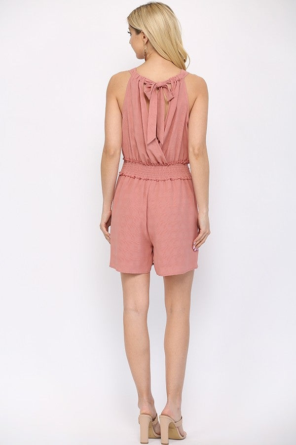 Textured Woven And Smocking Waist Romper With Back Open And Tie