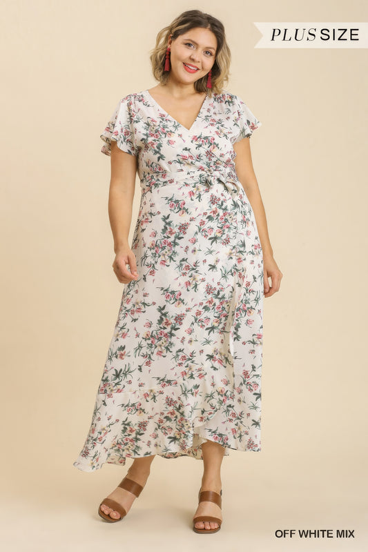 Floral Print Wrapped Short Ruffle Sleeve Maxi Dress With No Lining