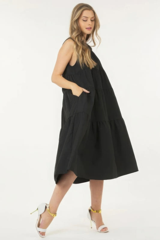 Sleeveless Basic Stretch Poplin Dress With Layers