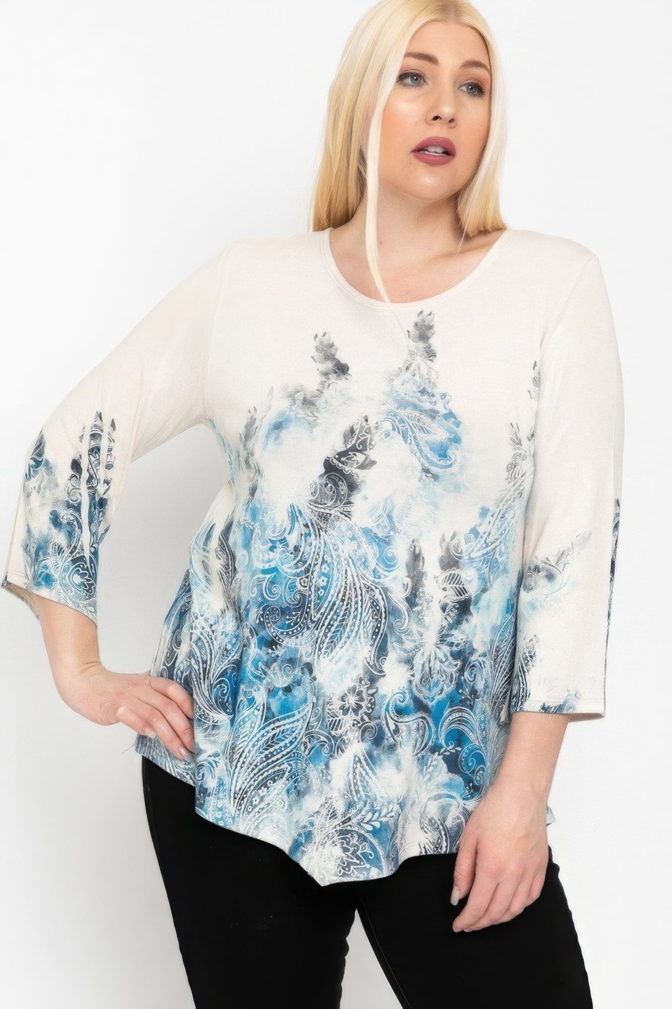 Print Top Featuring A Round Neckline And 3/4 Bell Sleeves