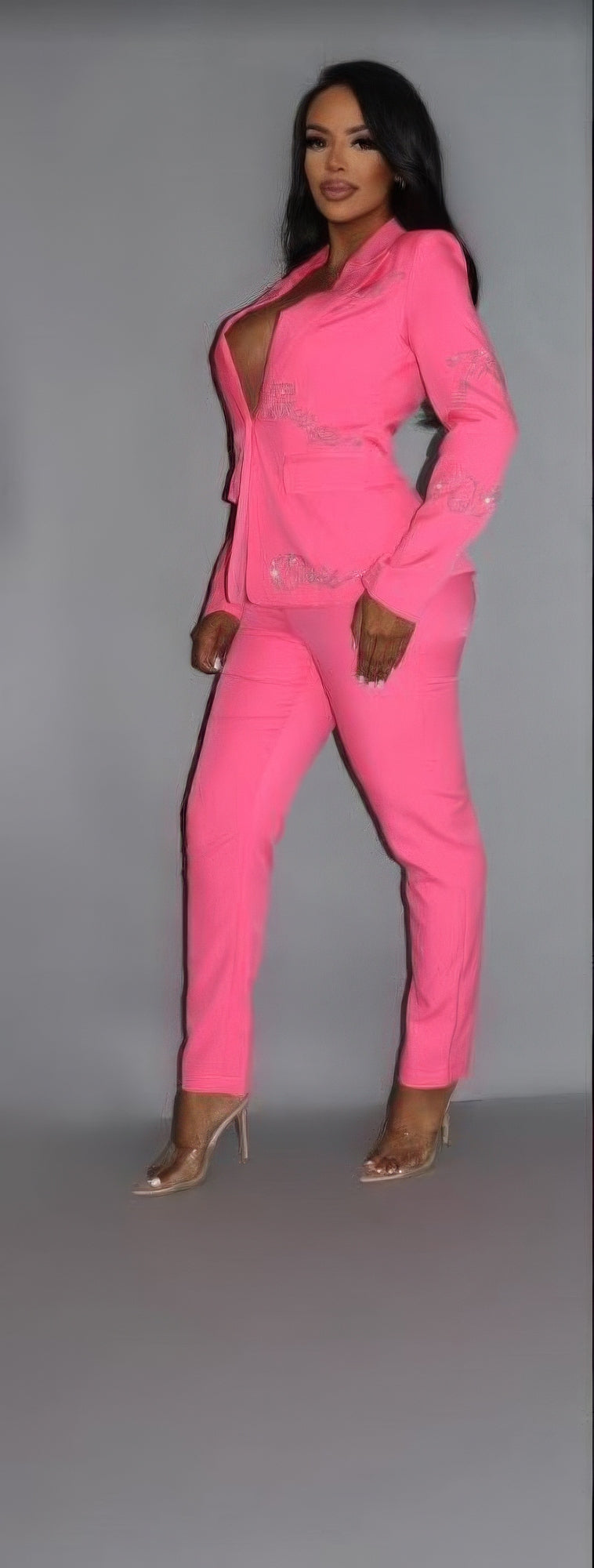 2 Piece Powersuit Blazer & Pants Set With Rhinestone Letterings On Blazer