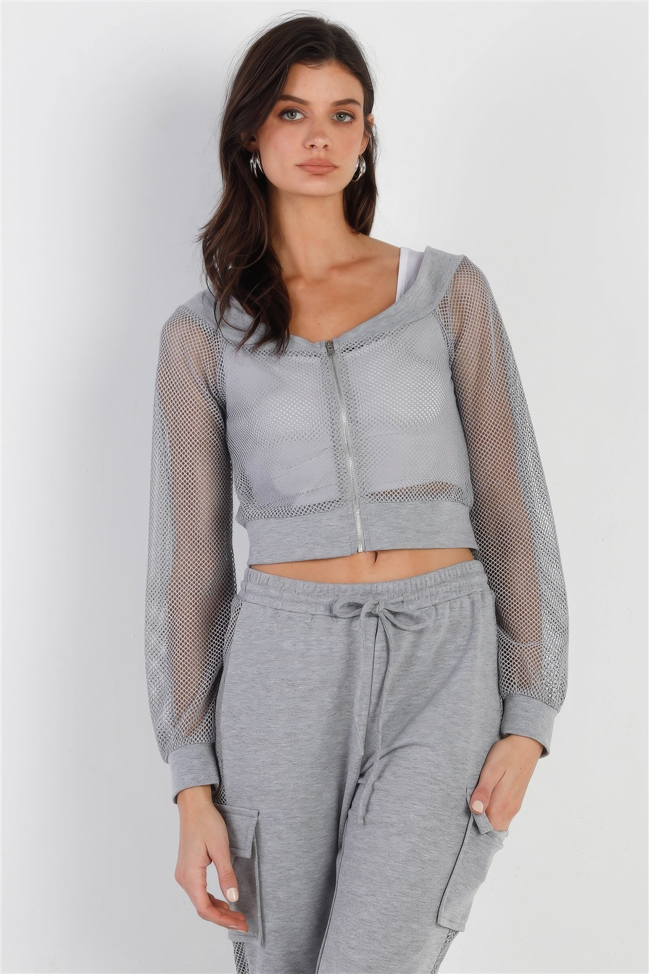 Heather Grey Contrast Fishnet Zip-up Top & Pants Set