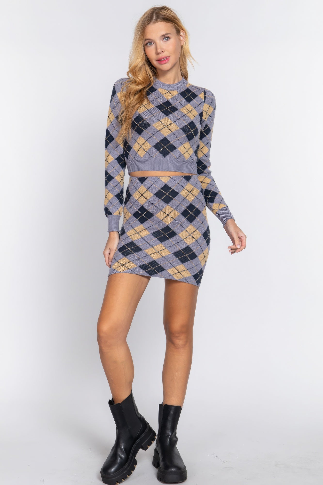 Argyle Jacquard Sweater Mini Skirt