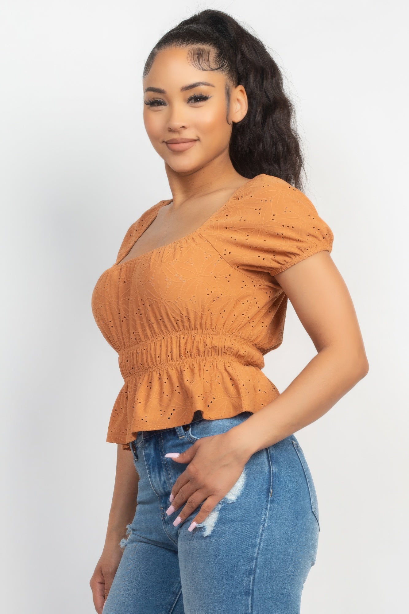 Puff Sleeve Eyelet Peplum Top