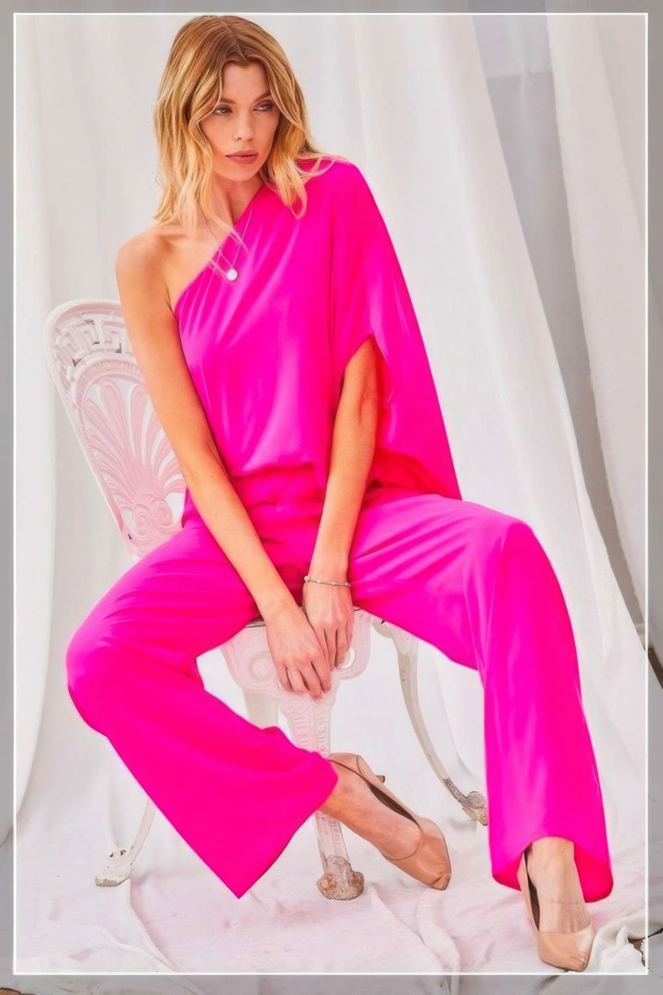 One Shoulder 3/4 Sleeve Unbalanced Waist Elastic Solid Pants Jumpsuit