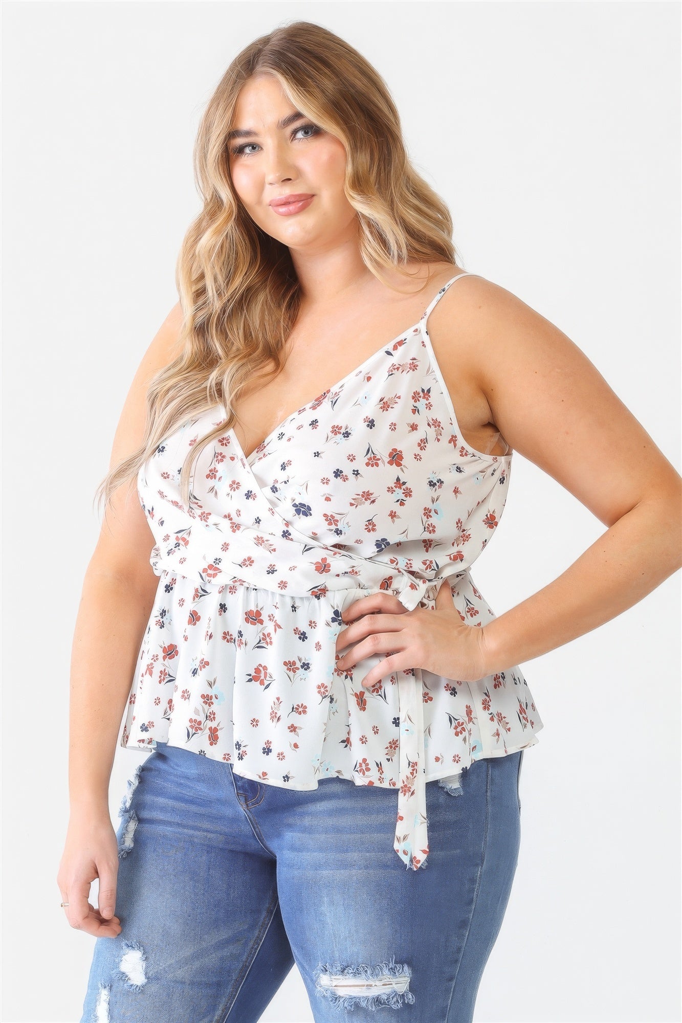 Plus Floral Sleeveless Wrap Neck Flare Hem Top