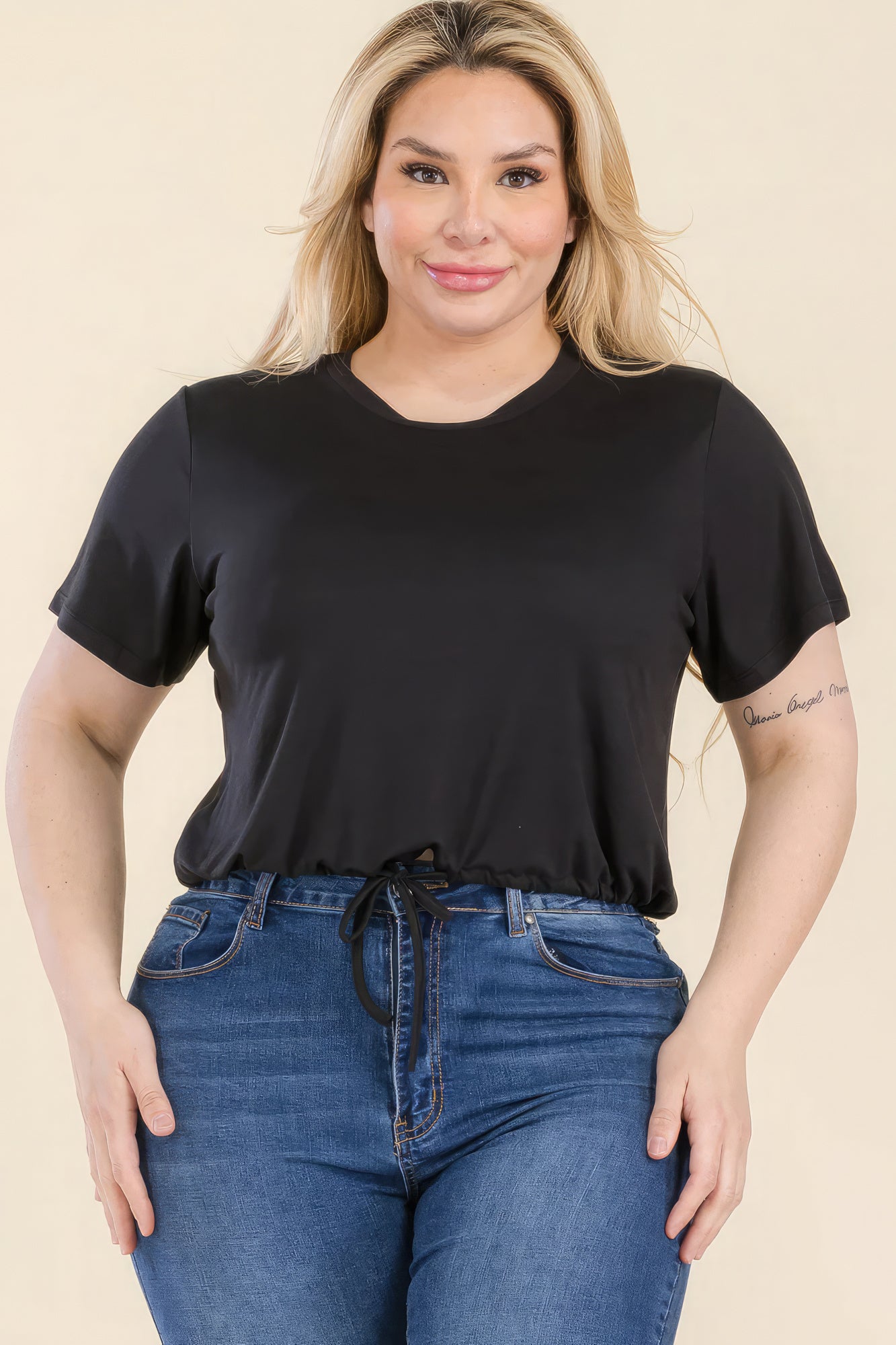 Plus Size Tie Front Drawstring Short Sleeve Crop Top