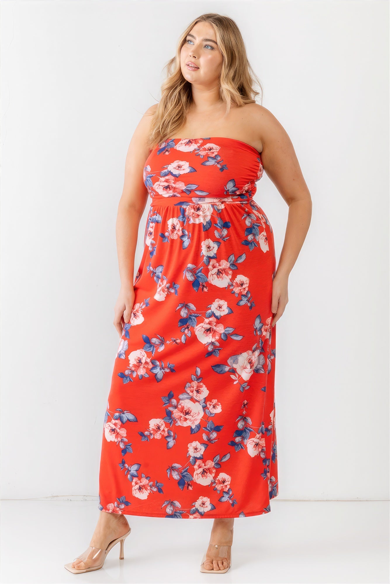 Plus Red Rose Print Ruched Strapless Midi Dress