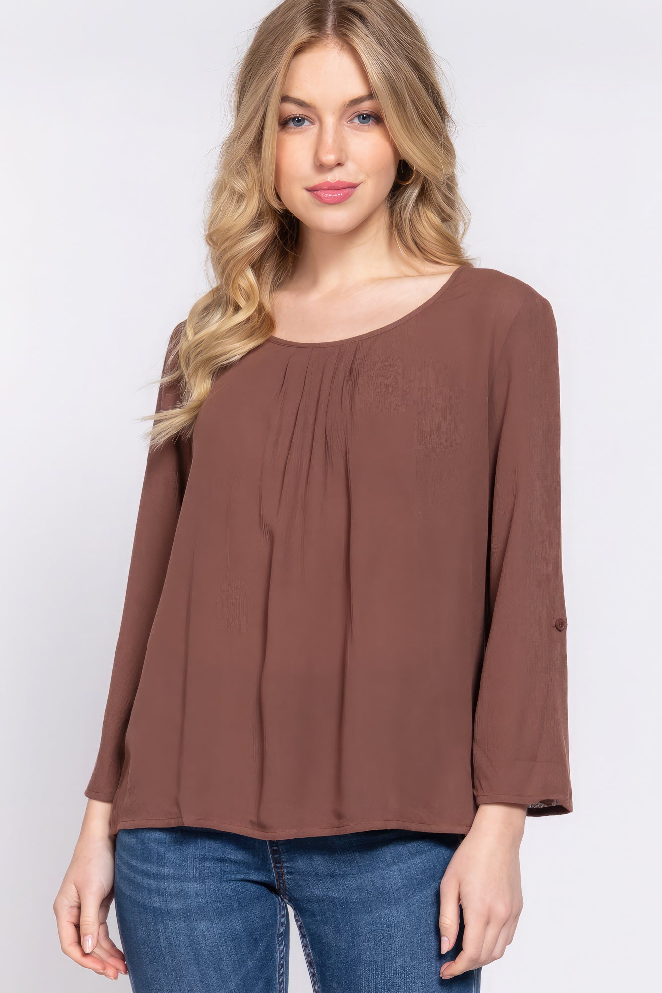 3/4 Roll Up Slv Pleated Blouse