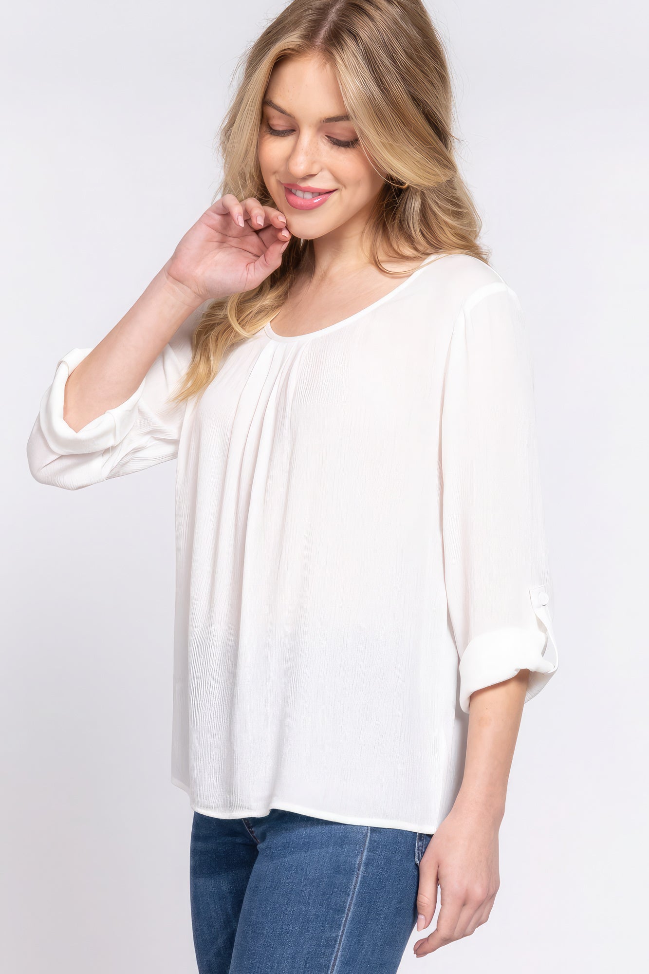 3/4 Roll Up Slv Pleated Blouse