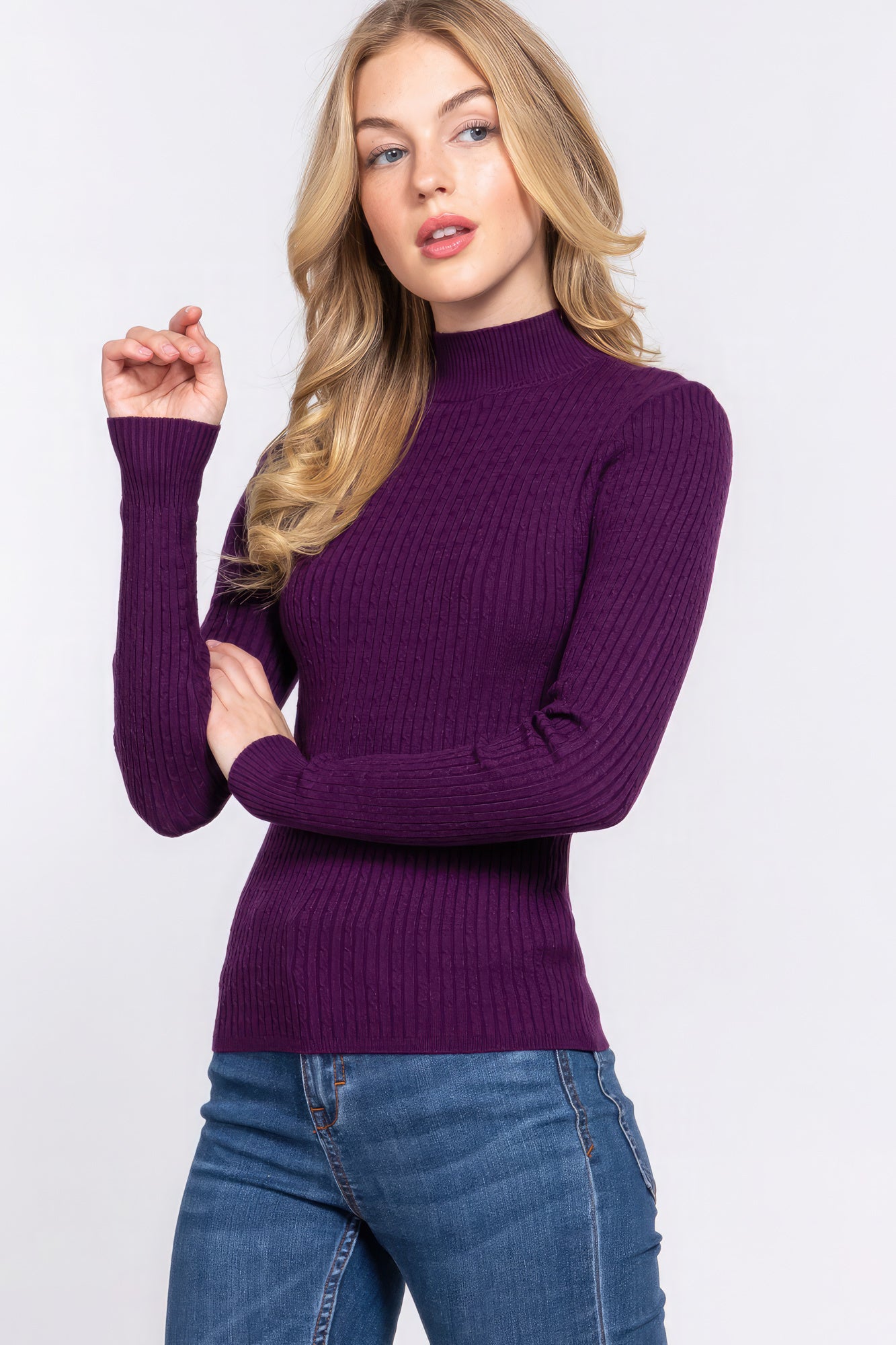 Long Slv Mock Neck Rib Sweater