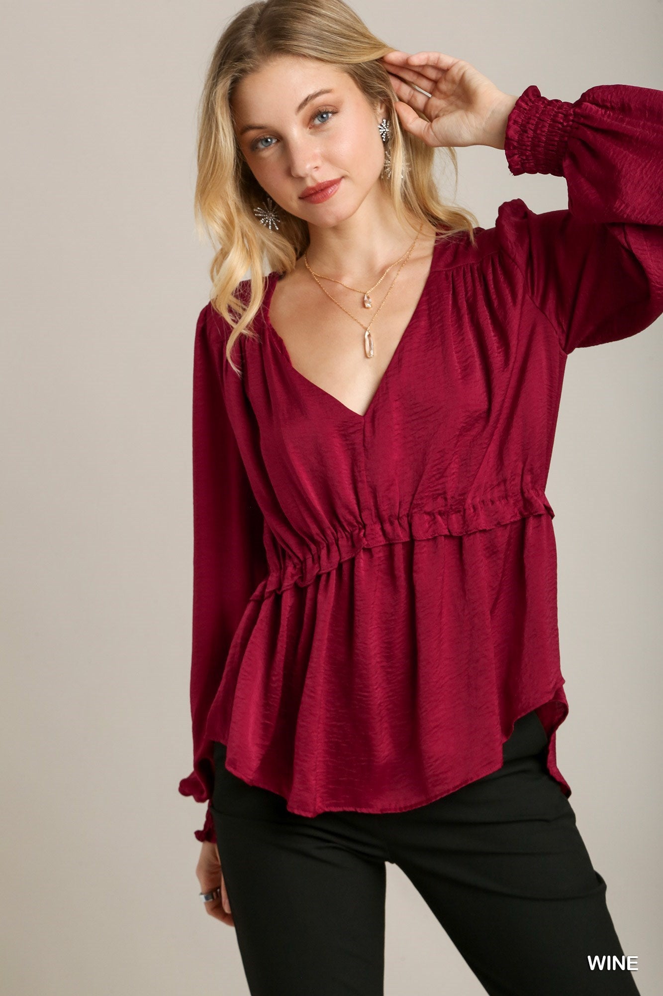 Satin V-neck Ruffle Baby Doll Top With Cuffed Long Sleeve