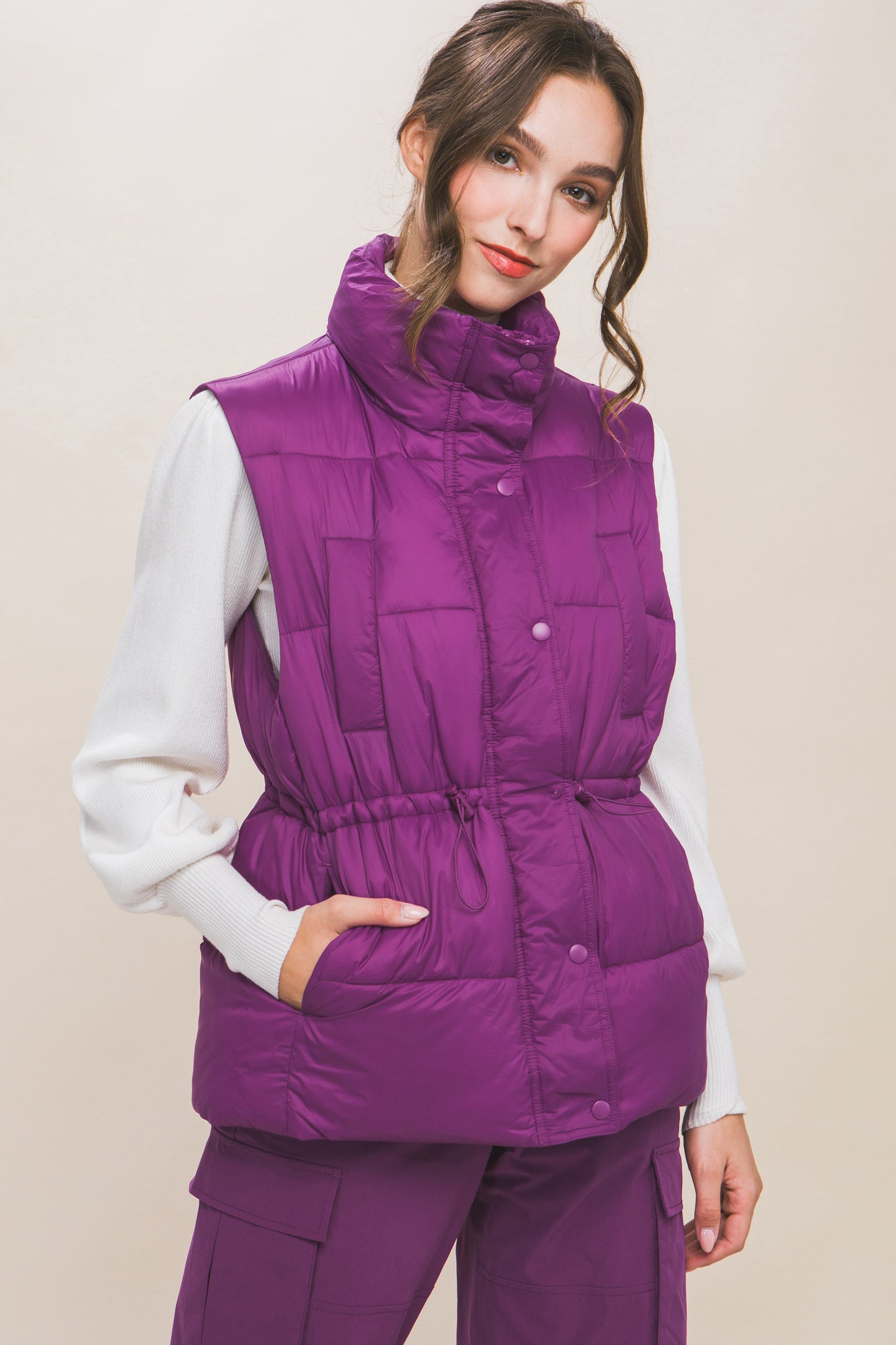 Zip Up Button Puffer Vest With Waist Toggles