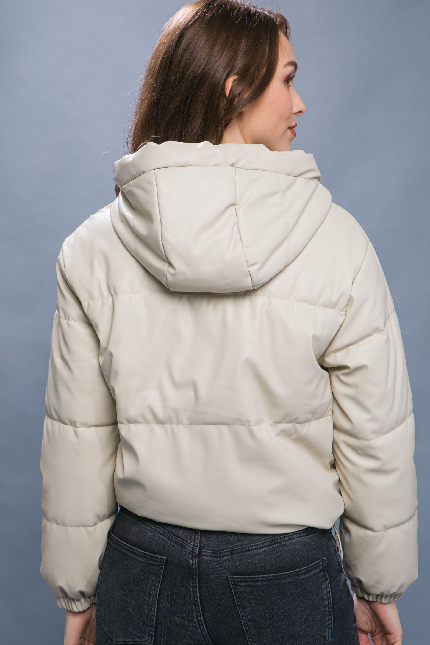 Pu Faux Leather Zipper Hooded Puffer Jacket