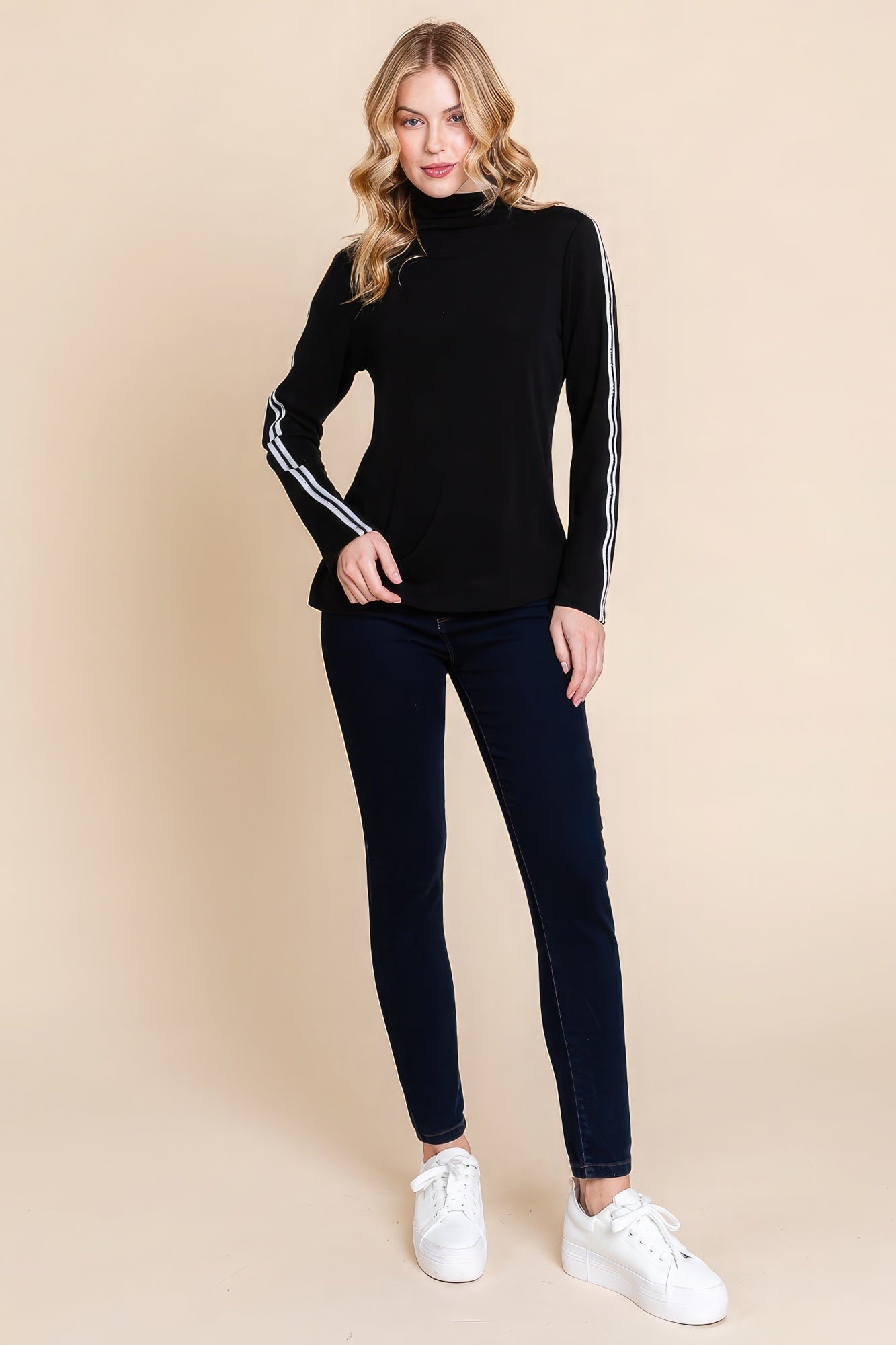 Long Sleeve Solid Mock Neck Casual Top