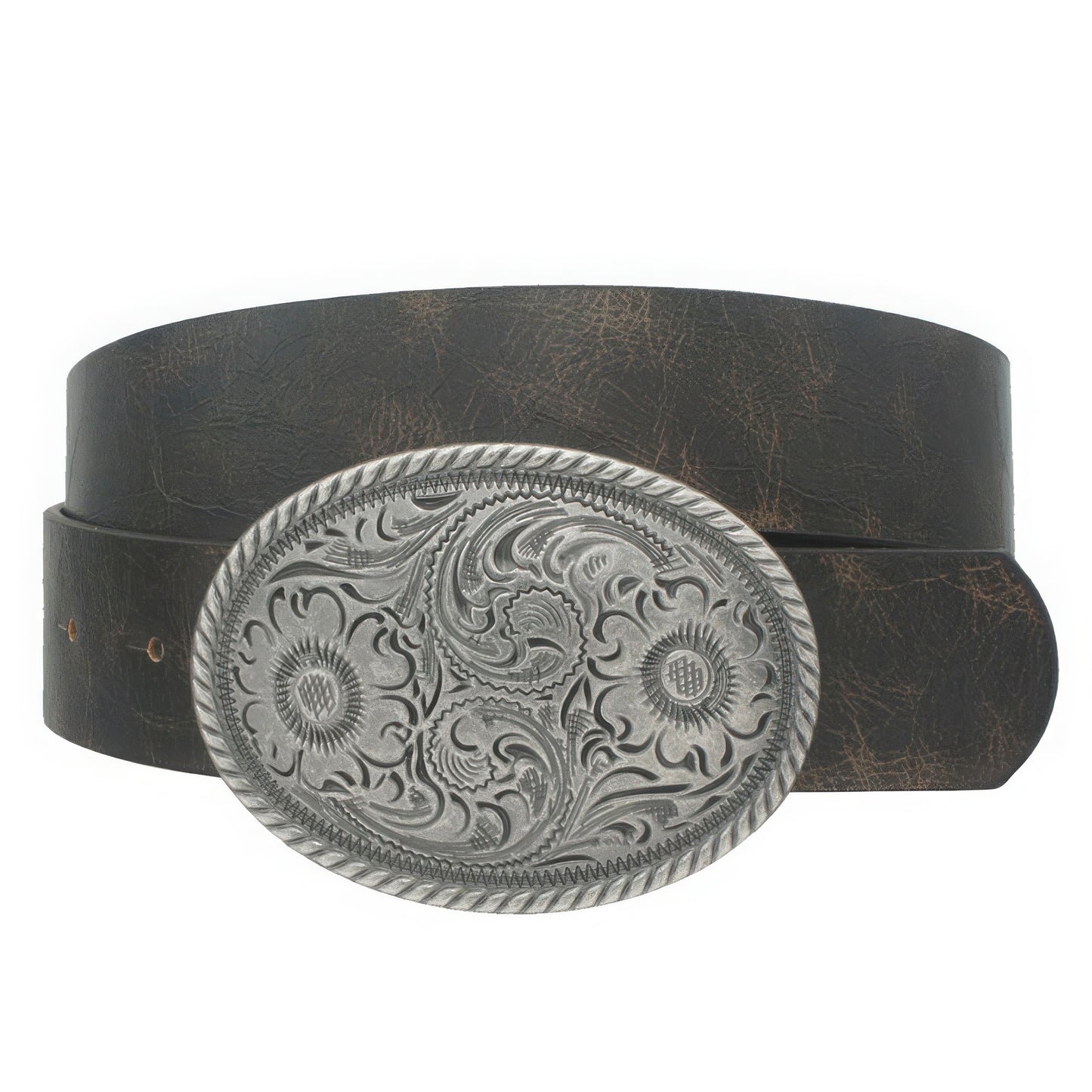 Flower Embossed Oval Buckle Vintage Strap Belt