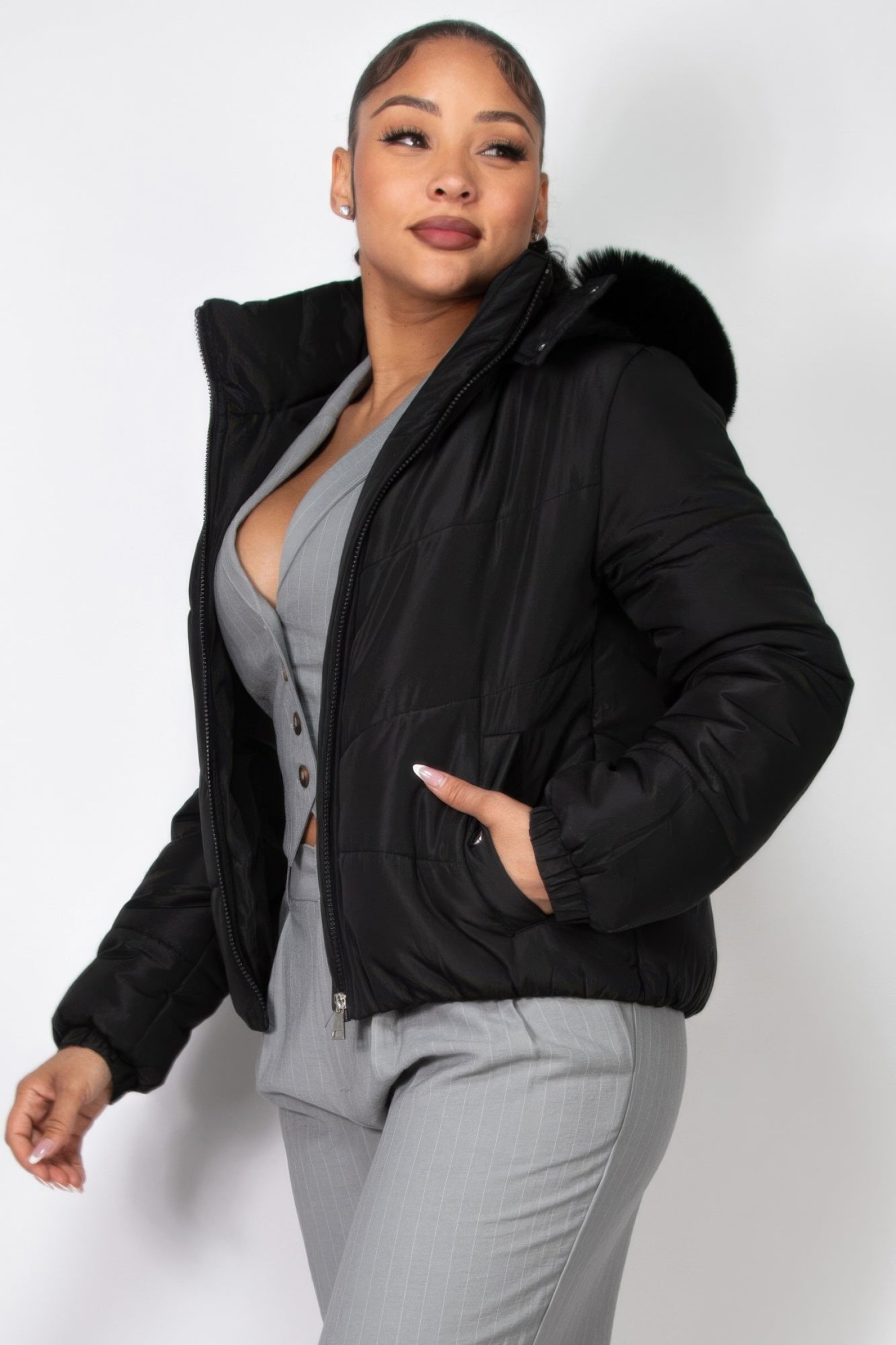 Insulated Zip-up Faux Fur Hooded Jacket